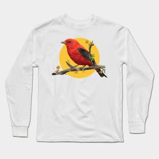 Red Scarlet. Bird. Geometric. Lowpoly. Arts. Illustration. Digital Art. Long Sleeve T-Shirt